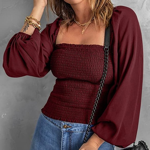 Women Puff Long Sleeve Square Neck Tops Off The Shoulder Floral Ladies Tops and